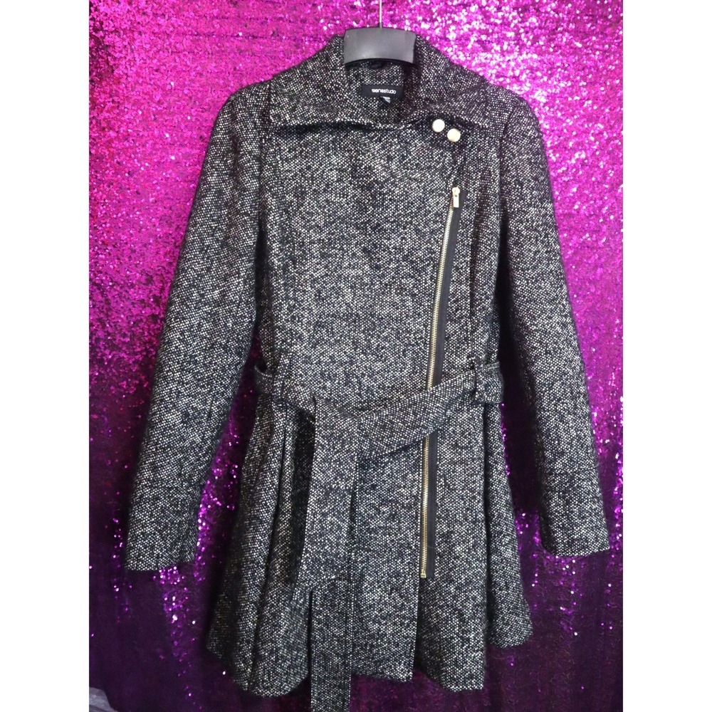 Black Tweed Moto Coat Medium Siena Studio Womens Wool Blend Belted Asym Polished